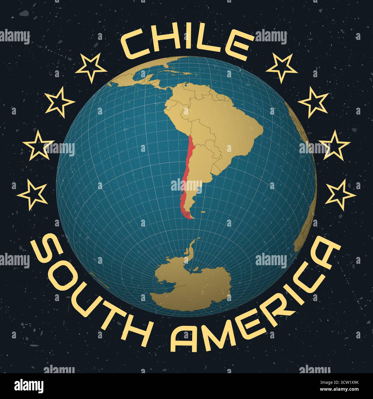 Repubblica del Cile su Globe. Nome del paese testo rotondo. Look vintage con texture graffiata graffiata. Illustrazione Vettoriale