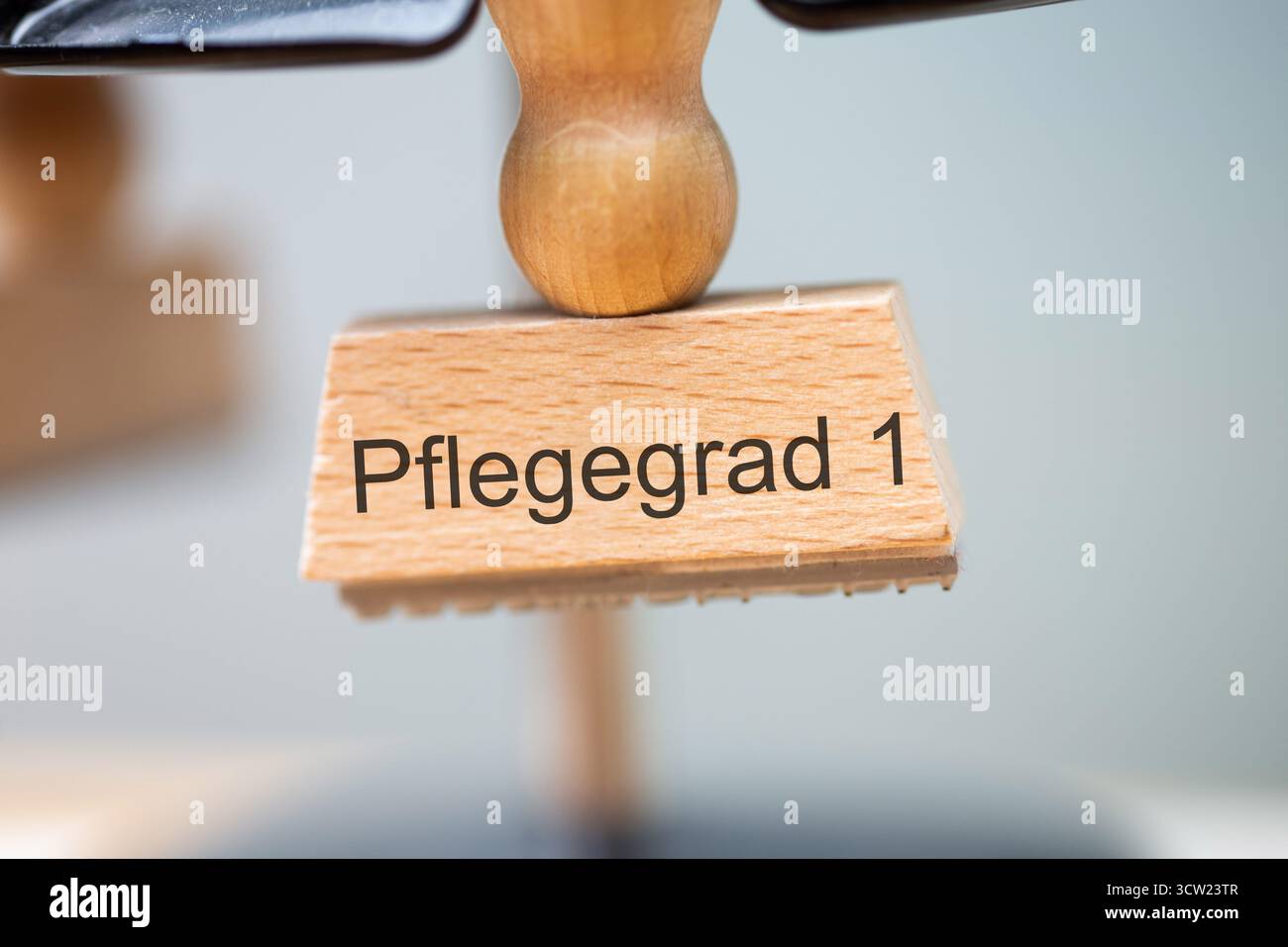 (Montaggio fotografico) primo piano di un francobollo con l'iscrizione PFLEGEGRAD 1 Foto Stock