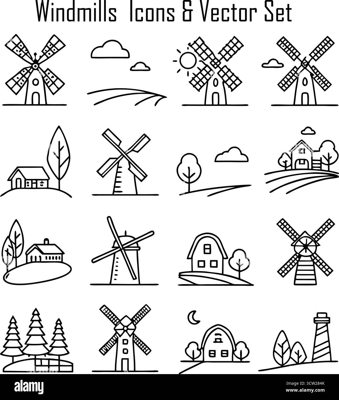 Paesaggio agricolo di mulini a vento con moderne turbine eoliche che generano energia pulita rinnovabile Illustrazione Vettoriale