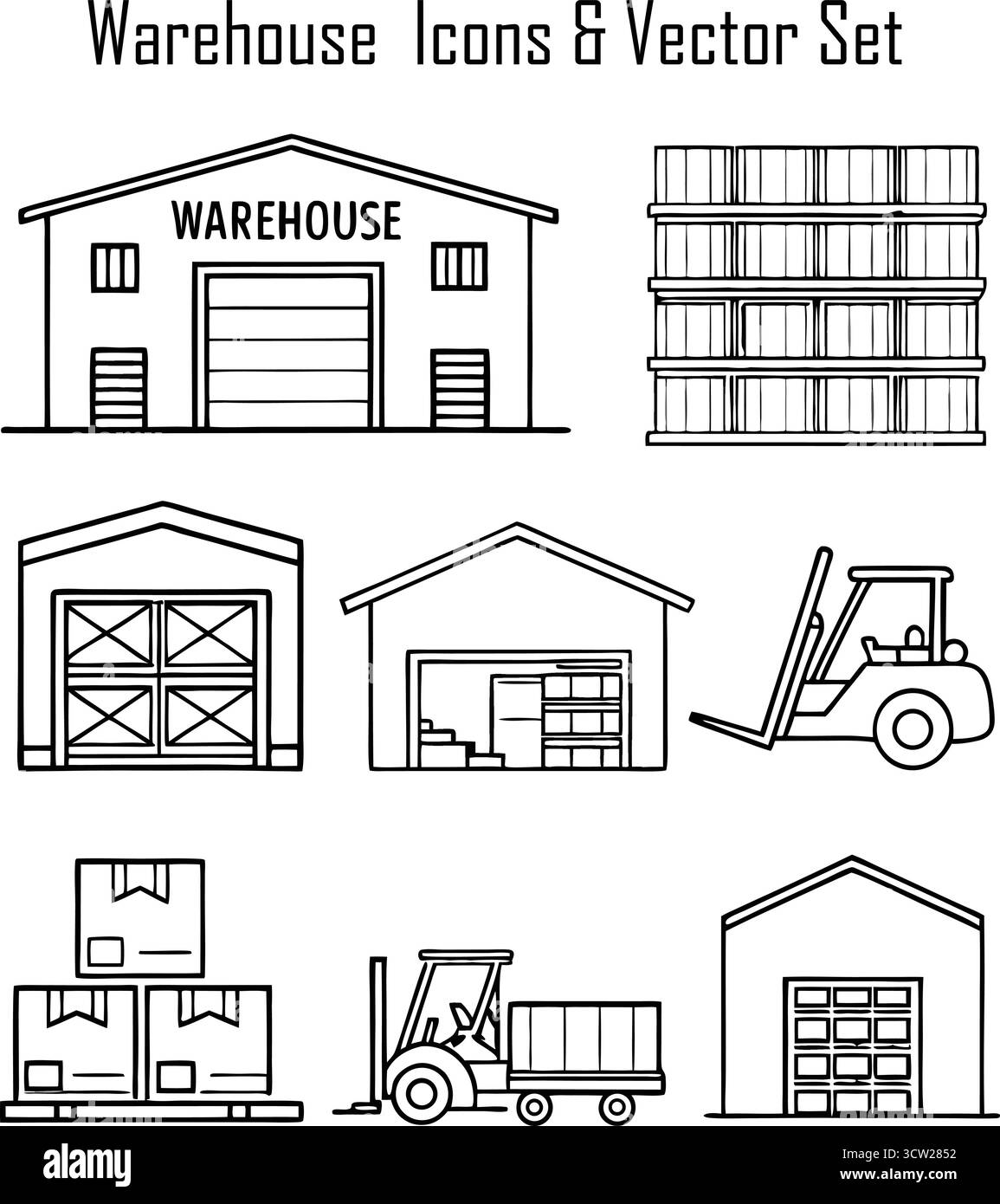 Le icone del magazzino impostano l'illustrazione vettoriale dei simboli di stoccaggio, logistica e edifici industriali Illustrazione Vettoriale
