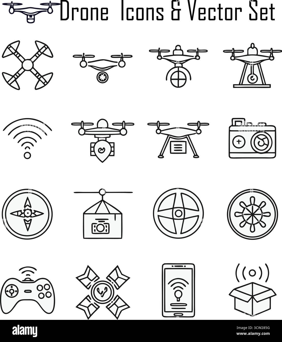Le icone dei droni impostano l'illustrazione vettoriale della tecnologia quadricottero e dei simboli della fotografia aerea Illustrazione Vettoriale
