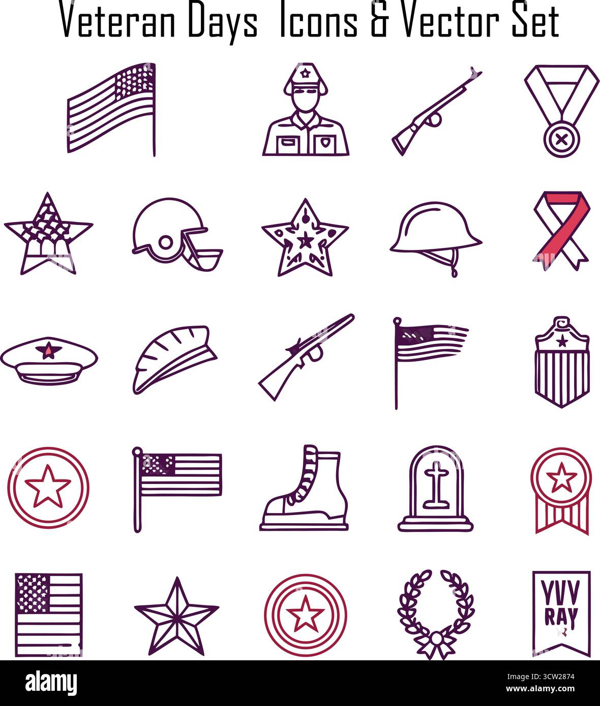 Le icone del Veterans Day illustrano le celebrazioni militari e i simboli patriottici Illustrazione Vettoriale