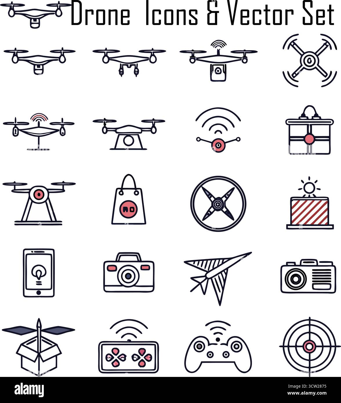 Le icone dei droni impostano l'illustrazione vettoriale della tecnologia quadricottero e dei simboli della fotografia aerea Illustrazione Vettoriale