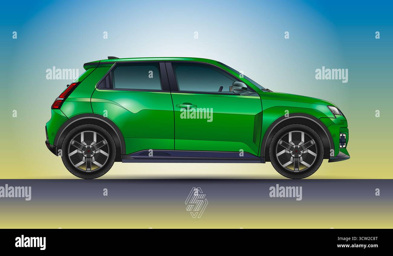 Febbraio 2024, Francia, presentazione del nuovo modello Renault 5 e-Tech Electric, disegno di disegno su sfondo colorato, illustrazione colorata Foto Stock
