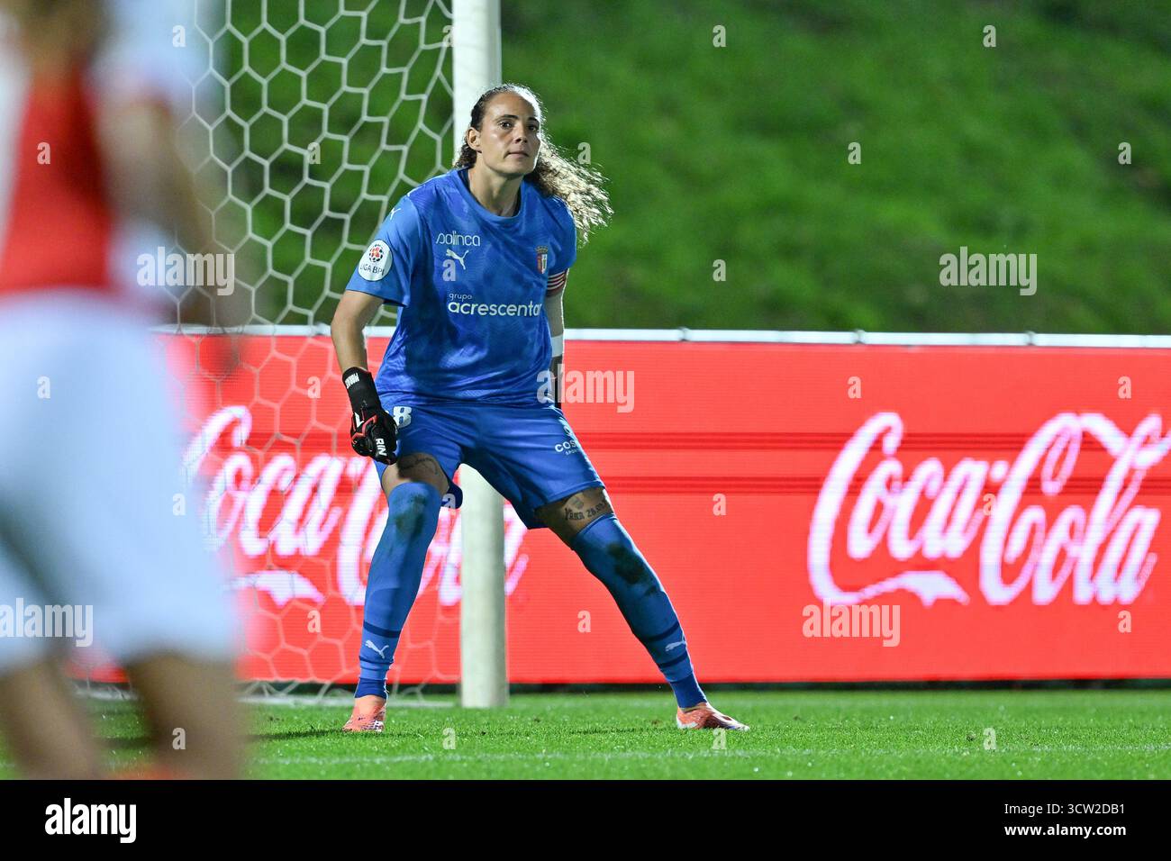Deinze, Belgio. 8 ottobre 2025. Portiere Patricia Morais (28) di Braga nella foto durante una partita di calcio femminile tra RSC Anderlecht Women e SC Braga nel secondo turno di qualificazione della prima tappa della stagione 2025-2026 della UEFA Womens Europa Cup, mercoledì 8 ottobre 2025 a Deinze, Belgio . Crediti: Sportpix/Alamy Live News Foto Stock