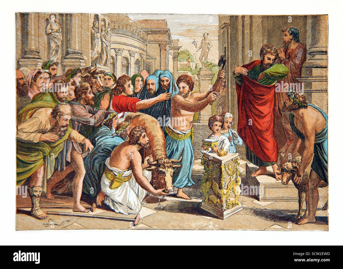 Illustrazione di Paolo e Barnabo a Lystra (atti) le persone che credono di essere dei dopo aver guarito un uomo paralizzato della domenica pittorica del XIX secolo Foto Stock