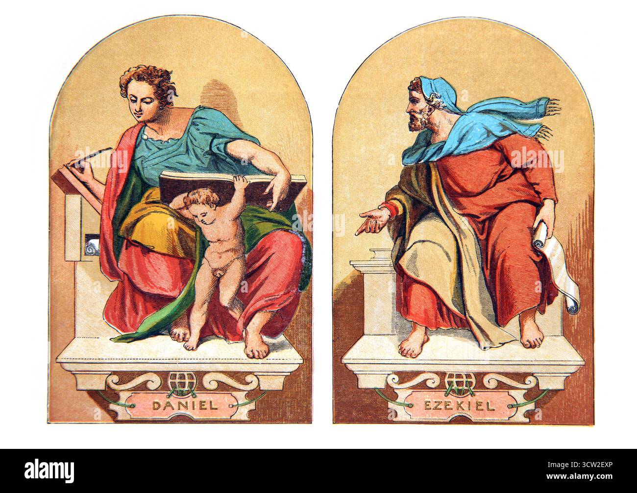 Illustrazione dei profeti Daniele ed Ezechiele dalla Cappella Sistina del XIX secolo letture domenicali pittoriche del reverendo William Owen Volum Foto Stock