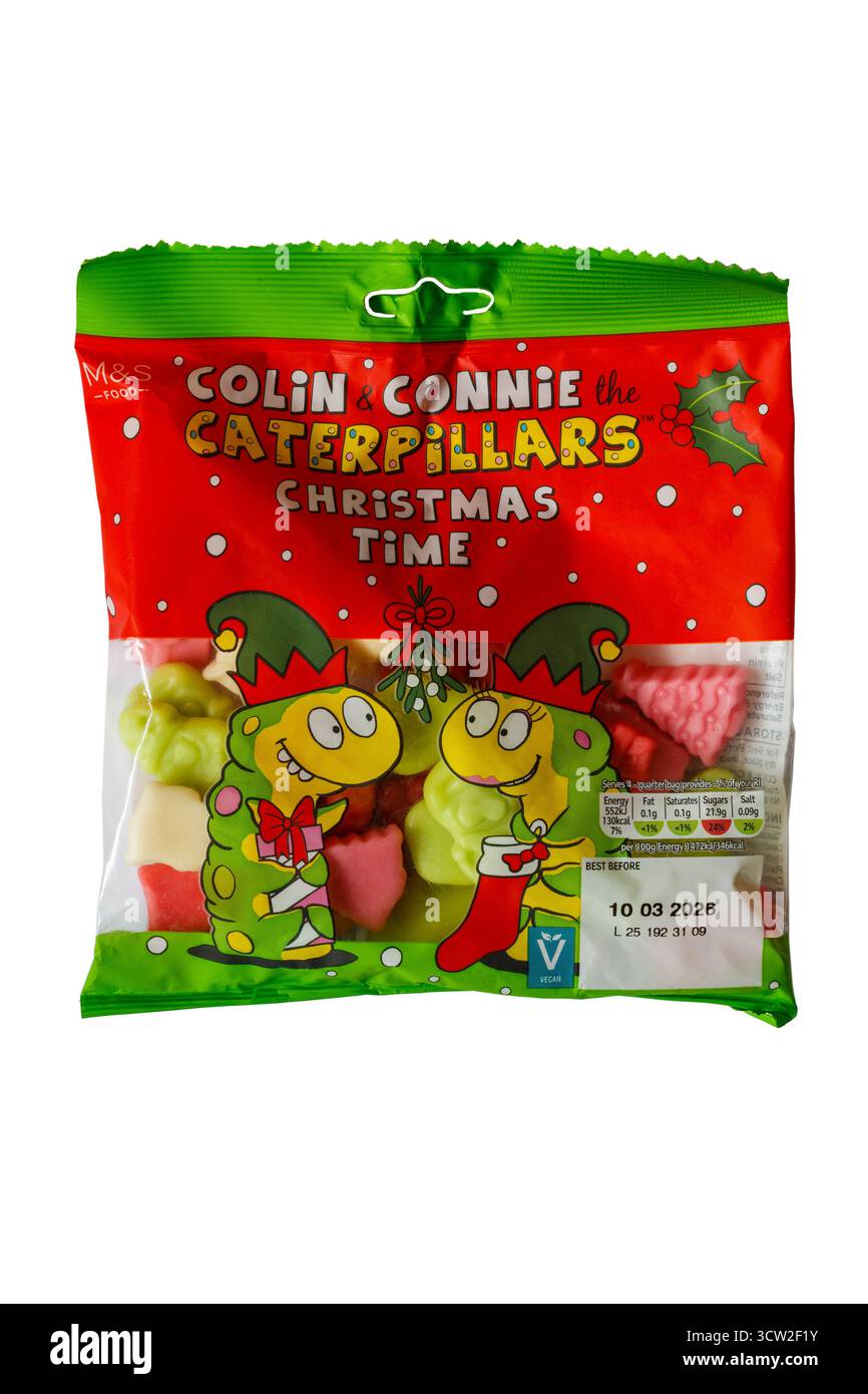 Pacchetto di dolci natalizi M&S Colin & Connie Caterpillars isolati su sfondo bianco Foto Stock Pacchetto di dolci natalizi M&S Colin & Connie Caterpillars isolati su sfondo bianco Foto Stock
