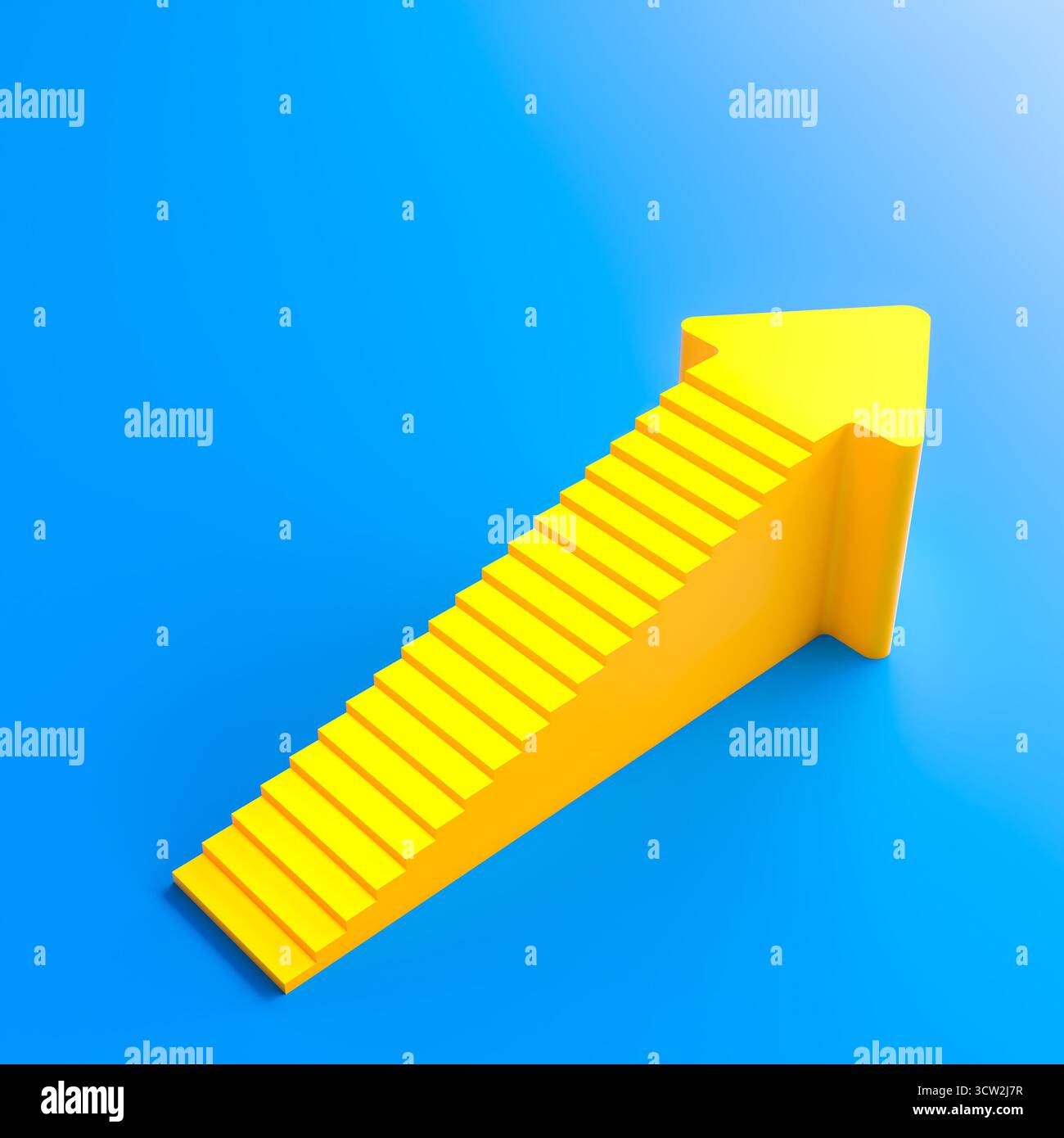Scala con freccia gialla in salita 3d che simboleggia la crescita Foto Stock