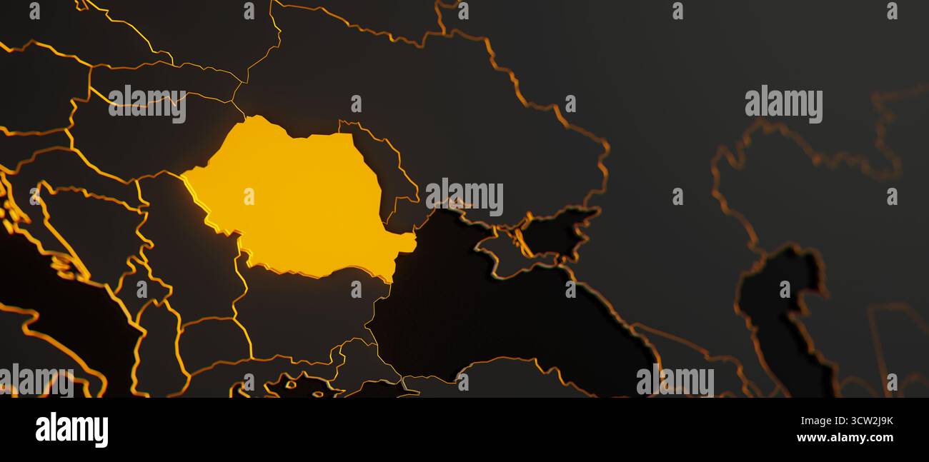 Mappa 3d della Romania dorata circondata da altri paesi in nero con bordi dorati e dof poco profondi. Europa carta politica con confini Foto Stock