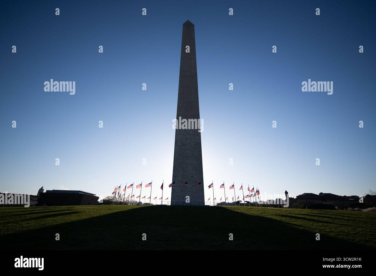 Washington Monument sul National Mall Washington DC // WASHINGTON DC - il Washington Monument, un iconico obelisco, si staglia contro il cielo sul National Mall. Commemora George Washington, il primo presidente degli Stati Uniti. Un anello di 50 bandiere americane, che rappresentano i 50 stati, circonda la sua base. Con un'altezza di 169,29 metri (555 piedi 5 1/8 pollici), fu completata nel 1884. Il monumento è un importante punto di riferimento all'interno del National Mall and Memorial Parks, gestito dal National Park Service. Foto Stock Washington Monument sul National Mall Washington DC // WASHINGTON DC - il Washington Monument, un iconico obelisco, si staglia contro il cielo sul National Mall. Commemora George Washington, il primo presidente degli Stati Uniti. Un anello di 50 bandiere americane, che rappresentano i 50 stati, circonda la sua base. Con un'altezza di 169,29 metri (555 piedi 5 1/8 pollici), fu completata nel 1884. Il monumento è un importante punto di riferimento all'interno del National Mall and Memorial Parks, gestito dal National Park Service. Foto Stock