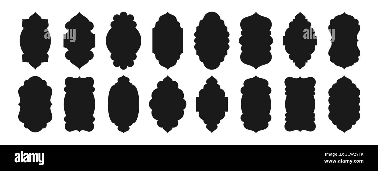 Set vettoriale di vecchie forme di finestre islamiche in stile orientale. Archi decorativi eid mubarak con silhouette nera, bordi della moschea o cancelli marocchini. Cornici di architettura araba musulmana, elementi di design ramadan Illustrazione Vettoriale