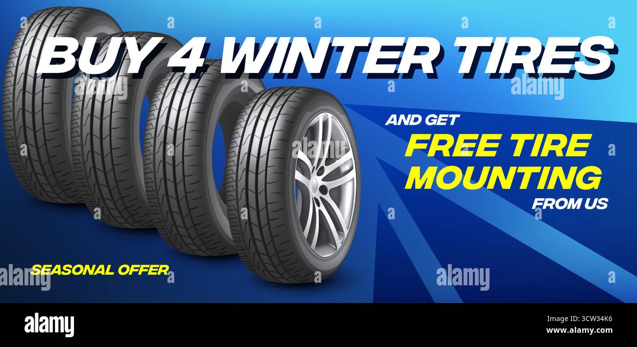 Banner negozio pneumatici auto con offerta scontata, sfondo blu. Modello di volantino Euro per promozione vendita ruote invernali, design sportivo e pulito, settore automobilistico Illustrazione Vettoriale