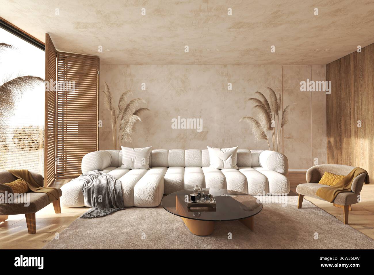Soggiorno boho morbido e neutro con erba pampas Foto Stock