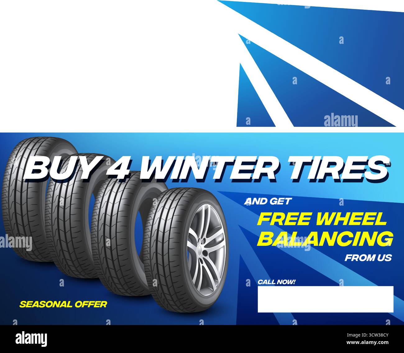 Banner negozio pneumatici auto con offerta scontata, sfondo blu. Modello di volantino Euro per promozione vendita ruote invernali, design sportivo e pulito, settore automobilistico Illustrazione Vettoriale