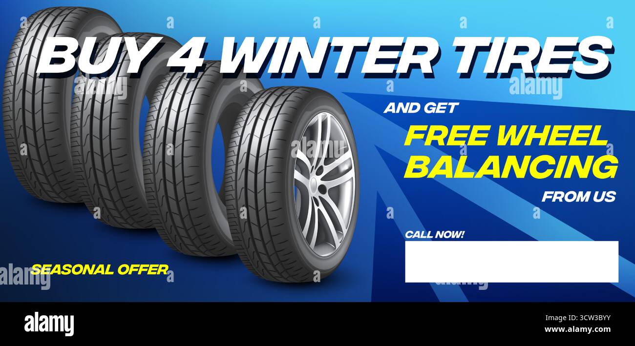 Banner negozio pneumatici auto con offerta scontata, sfondo blu. Modello di volantino Euro per promozione vendita ruote invernali, design sportivo e pulito, settore automobilistico Illustrazione Vettoriale