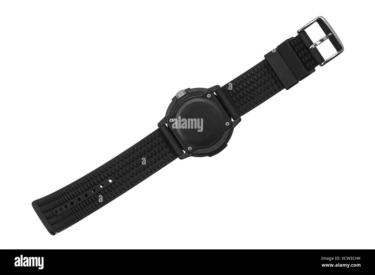 Vista dal lato inferiore di un orologio da immersione tattico nero con cinturino in gomma testurizzata. Foto Stock