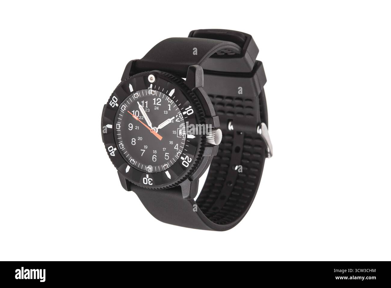 Orologio da immersione tattico nero con lunetta rotante e cinturino in gomma. Foto Stock