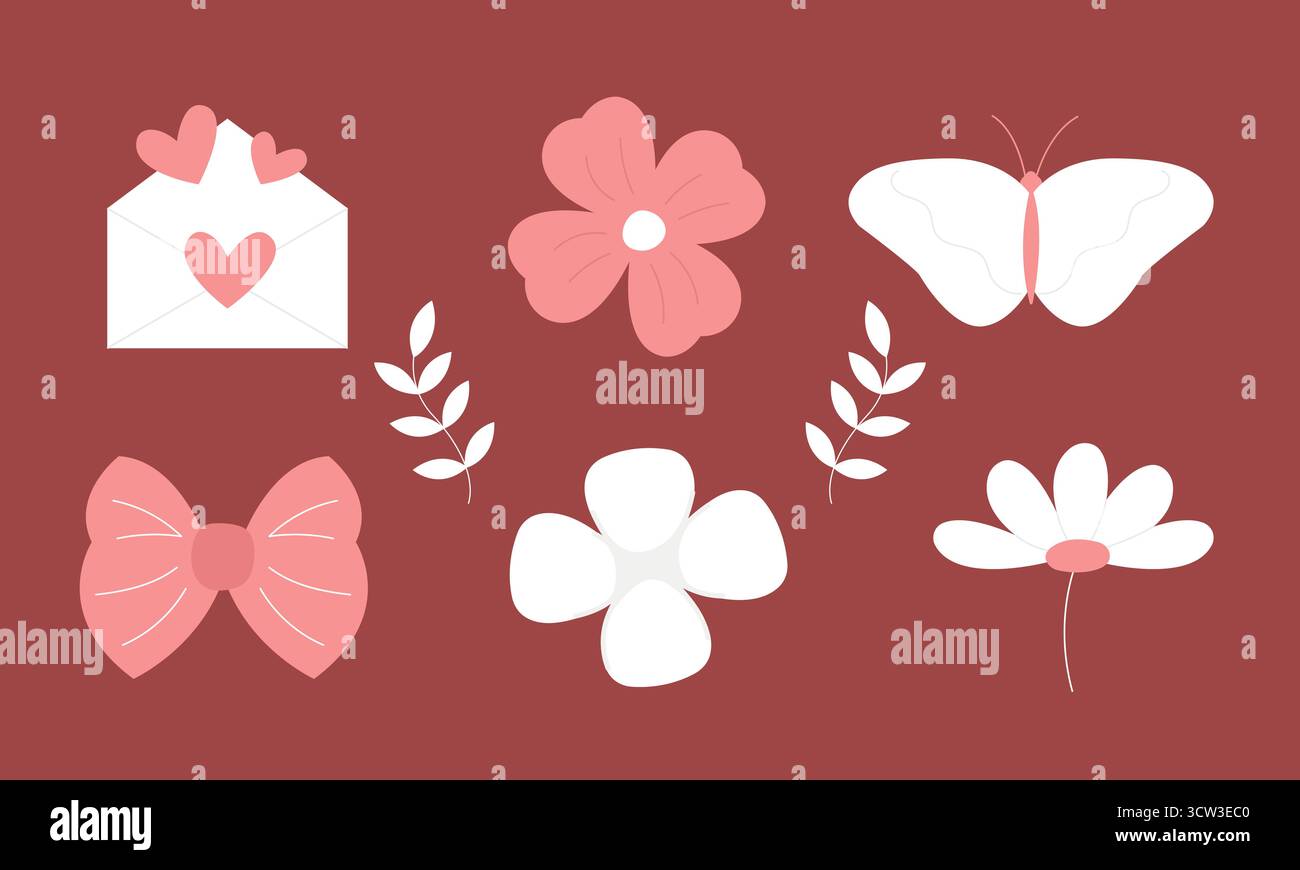 Elementi decorativi delicati per maestri del cucire come fiori di cotone e fiocco. Simpatiche icone per i social media o per evidenziare i design. Illustrazione Vettoriale