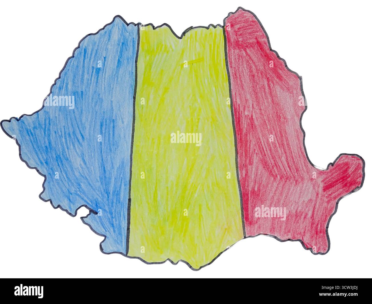 La mappa della Romania colorata nei colori della bandiera rumena Foto Stock
