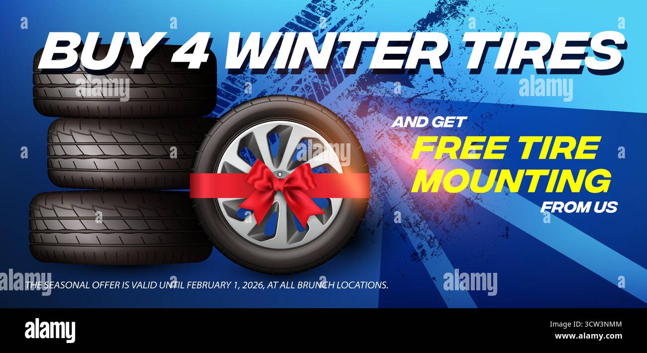 Banner negozio pneumatici auto con offerta scontata, sfondo blu. Modello di volantino Euro per promozione vendita ruote invernali, design sportivo e pulito, settore automobilistico Illustrazione Vettoriale