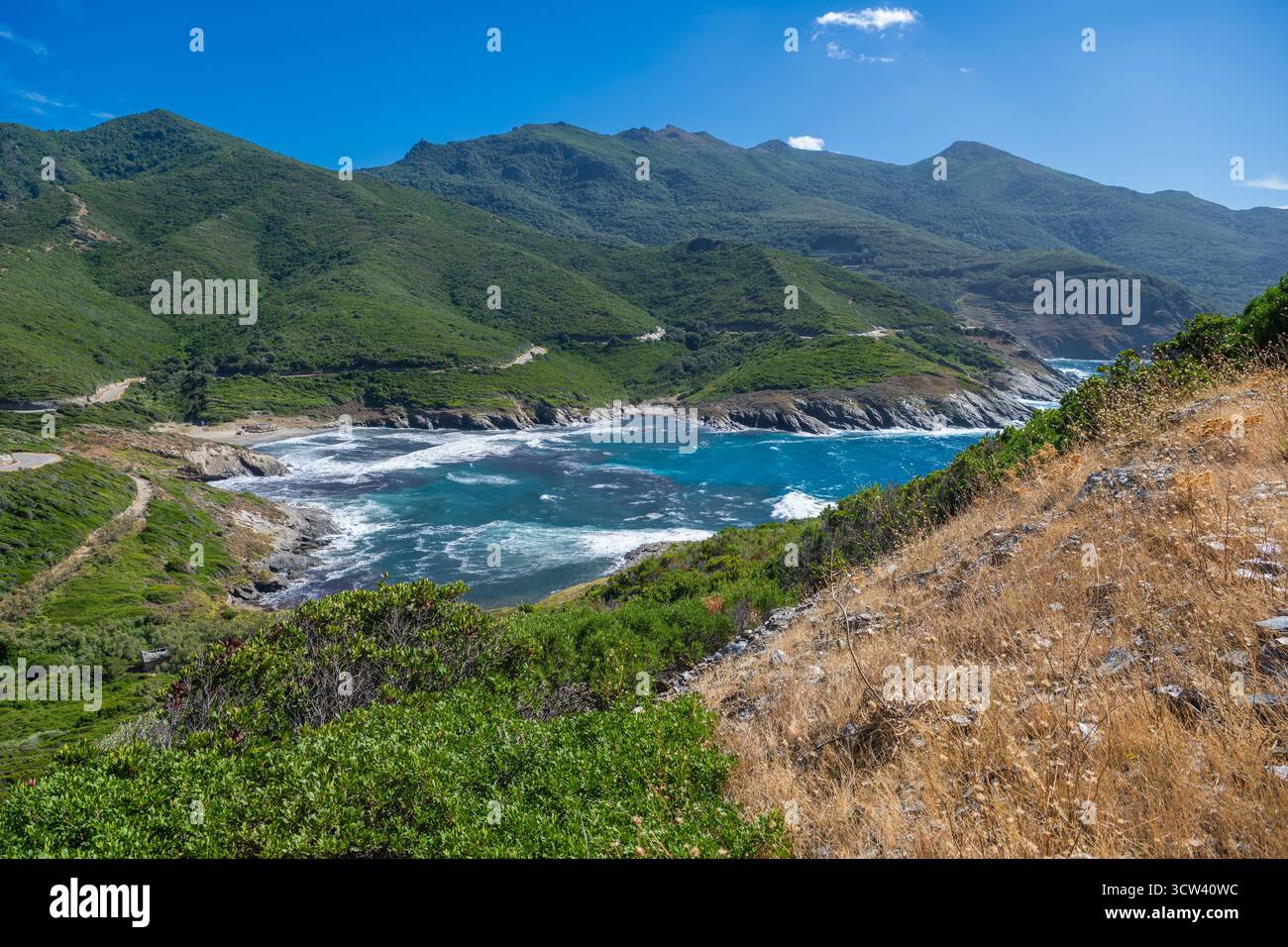 Le onde azzurre dell'oceano si infrangono contro le coste rocciose sotto il cielo limpido. Corsica, Francia. Foto Stock