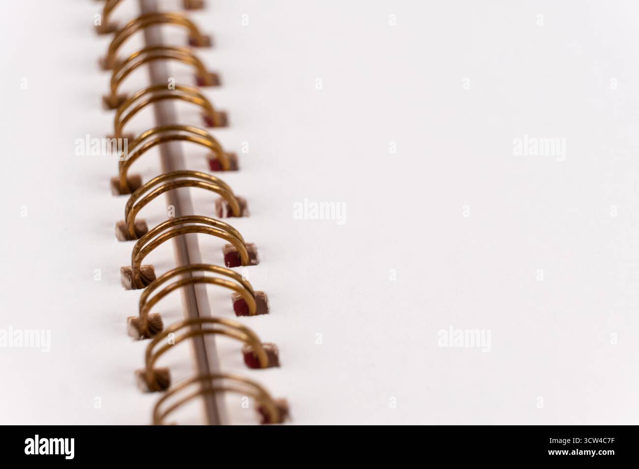 Notebook vuoto con rilegatura a spirale. Primo piano di un blocco appunti di carta bianca in un raccoglitore con rilegatura ad anello in metallo, macro Foto Stock
