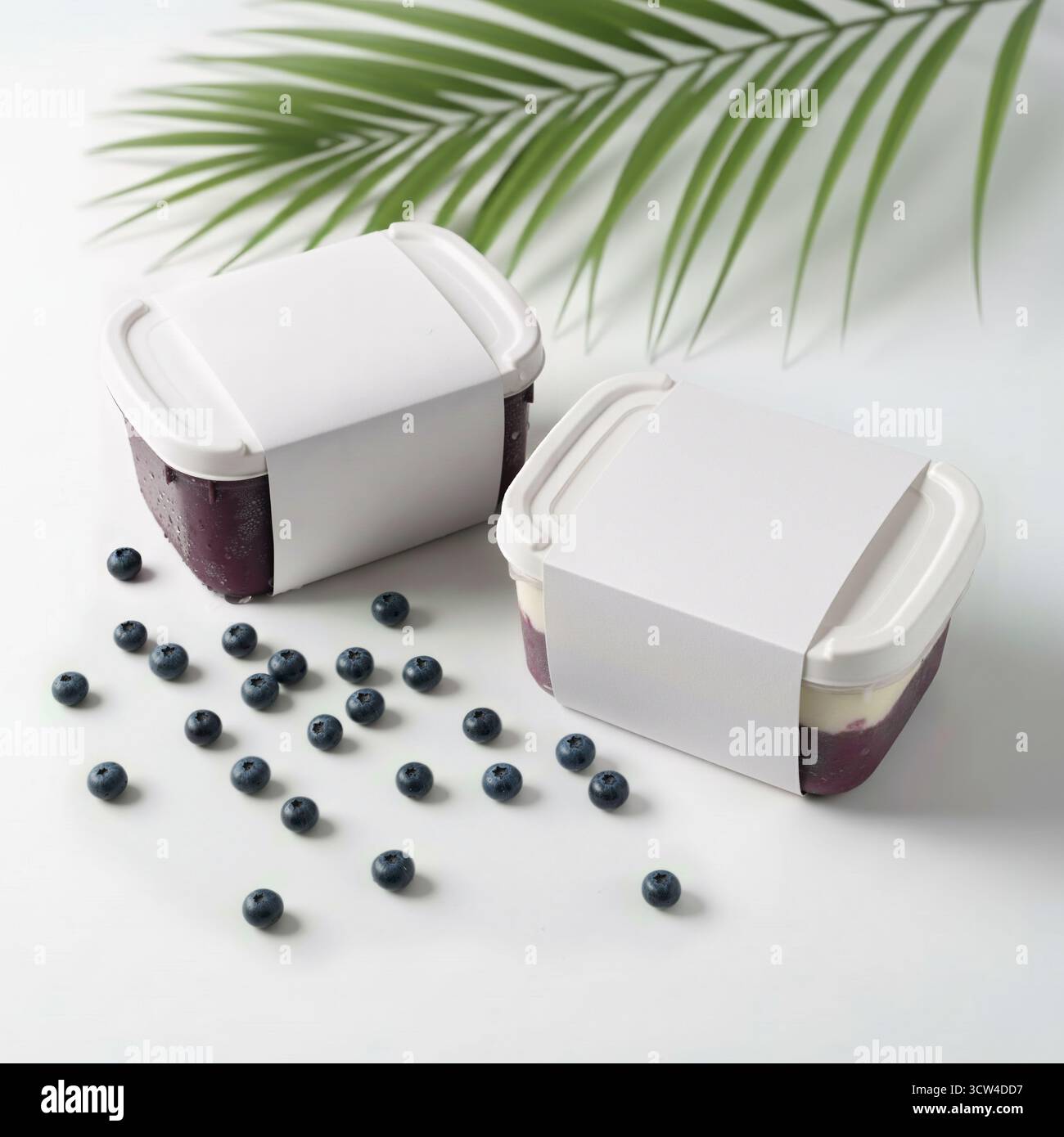 Pentole bianche açaí in un ambiente naturale con açaí pianta e frutta Foto Stock