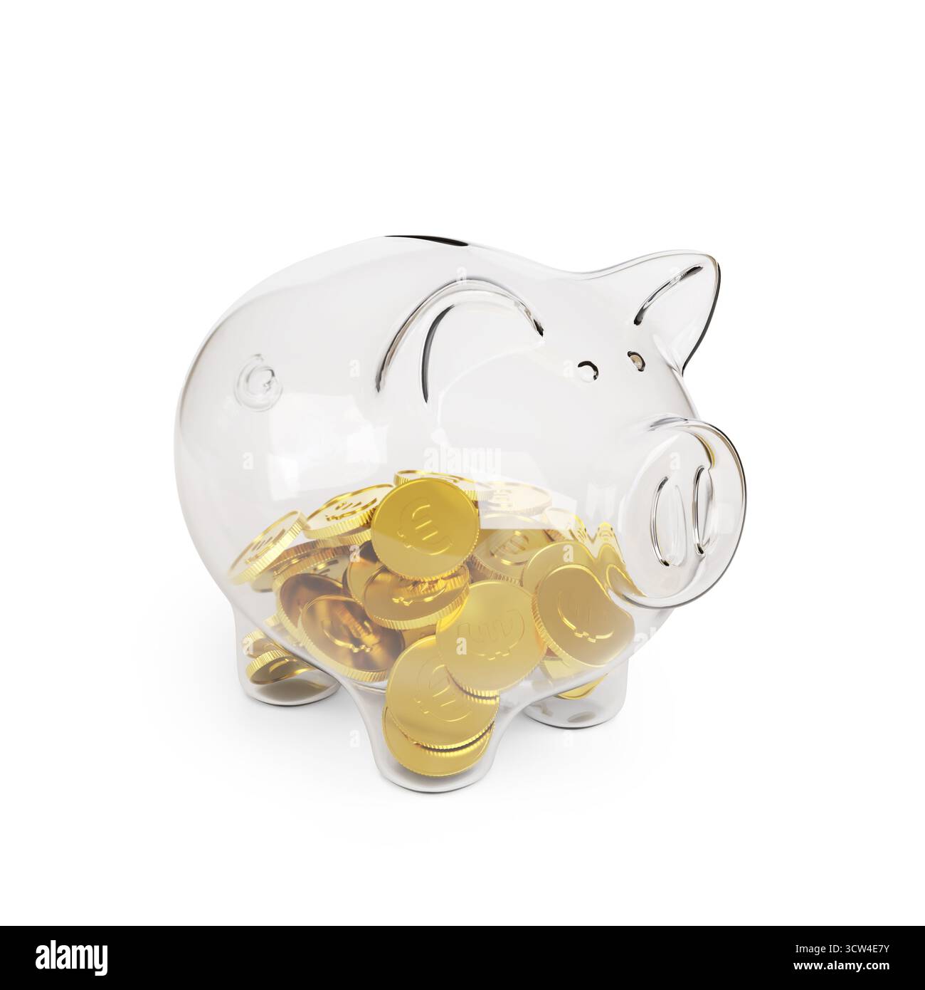 Salvadanaio in vetro con monete in euro all'interno isolato su sfondo bianco. illustrazione 3d. Foto Stock