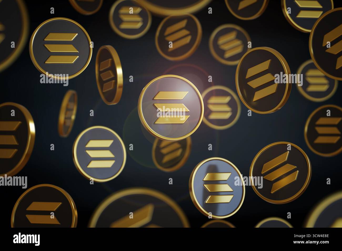 Fondo delle monete Solana. Criptovaluta. illustrazione 3d. Foto Stock