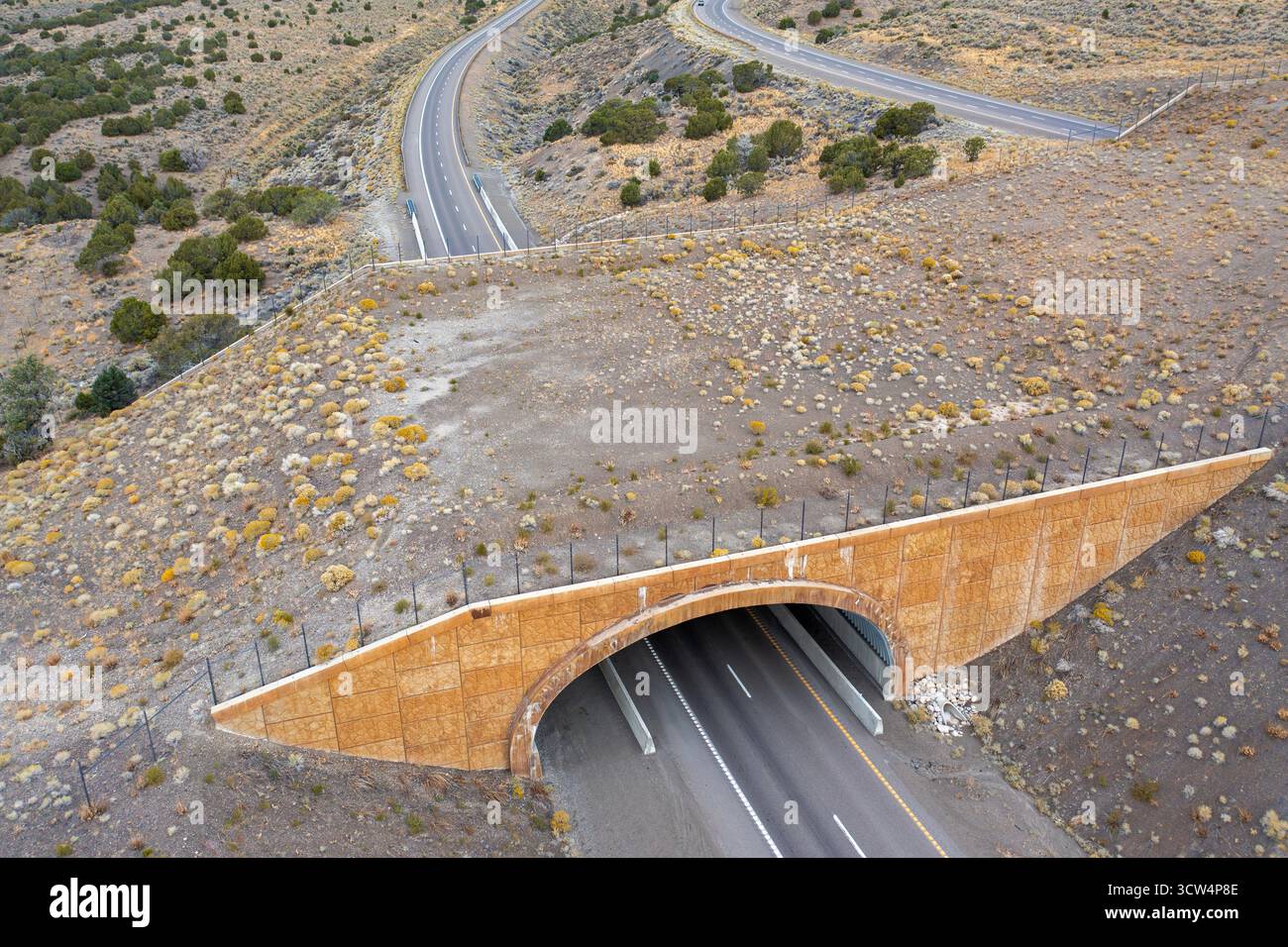 Wells, Nevada - Un cavalcavia per la fauna selvatica sull'Interstate 80 a est di Wells consente a alci, cervi, leoni di montagna e altri animali di attraversare la superstrada, rossa Foto Stock