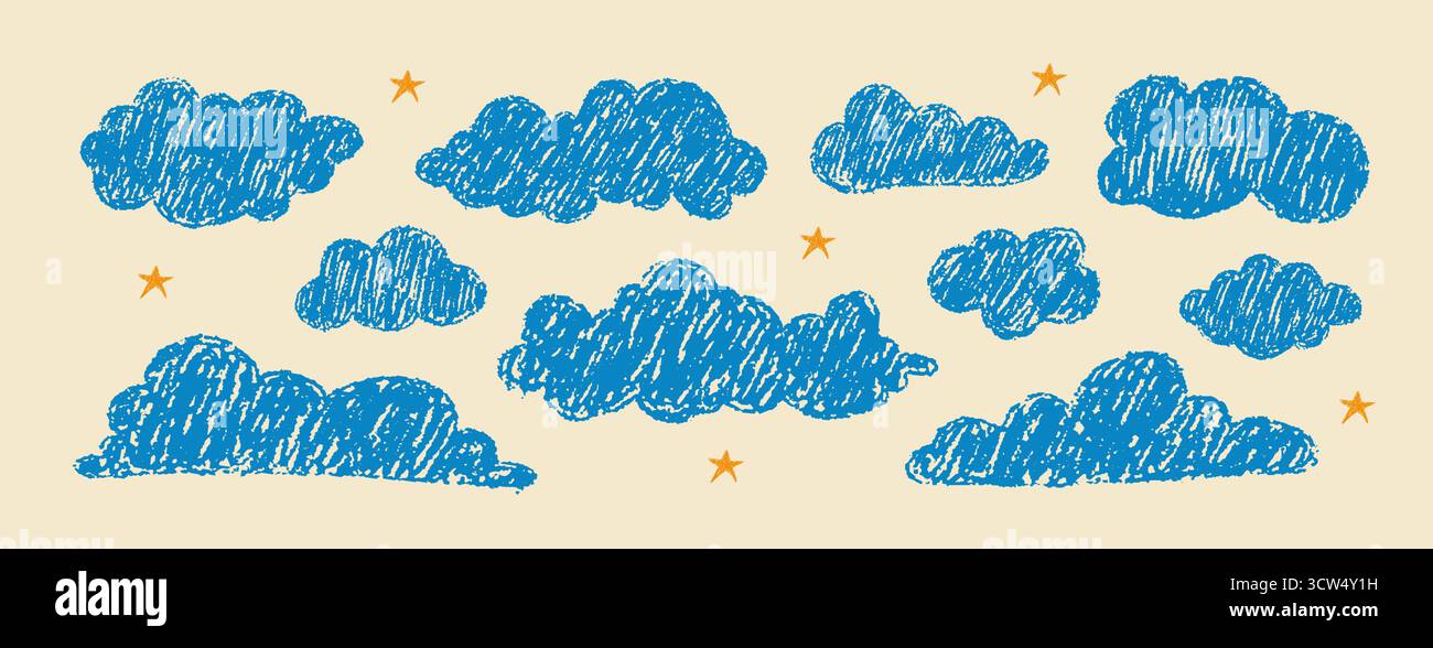 Nuvole di pastello blu sul cielo pastello. Elementi atmosferici stravaganti disegnati a mano per arredare la stanza del bambino. Illustrazione vettoriale Illustrazione Vettoriale