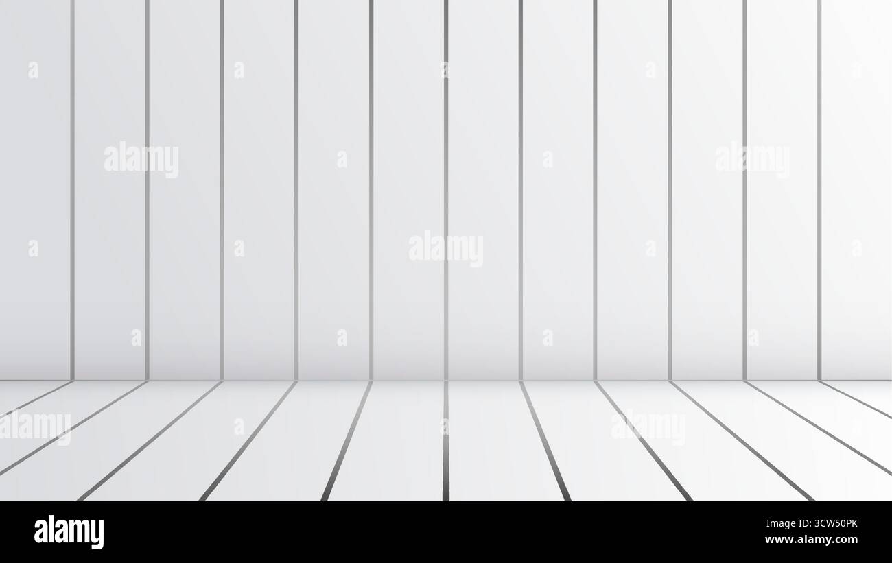 la scenografia in studio 3d minimalista con pannelli a parete verticali bianchi e ombre di luce soffusa crea uno sfondo luminoso e pulito, ideale per la visualizzazione dei prodotti o per la modifica Illustrazione Vettoriale