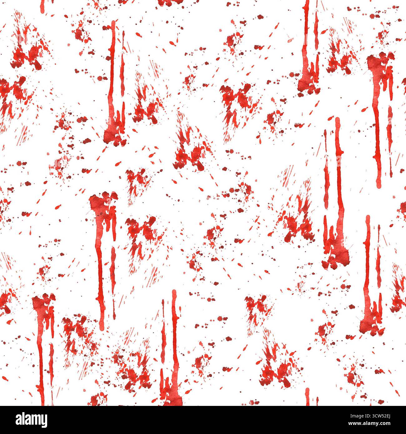 Schizzi di sangue e macchie senza cuciture. Immagini rosse ad acquerello isolate dallo sfondo spruzzi realistici di sangue per Halloween Foto Stock