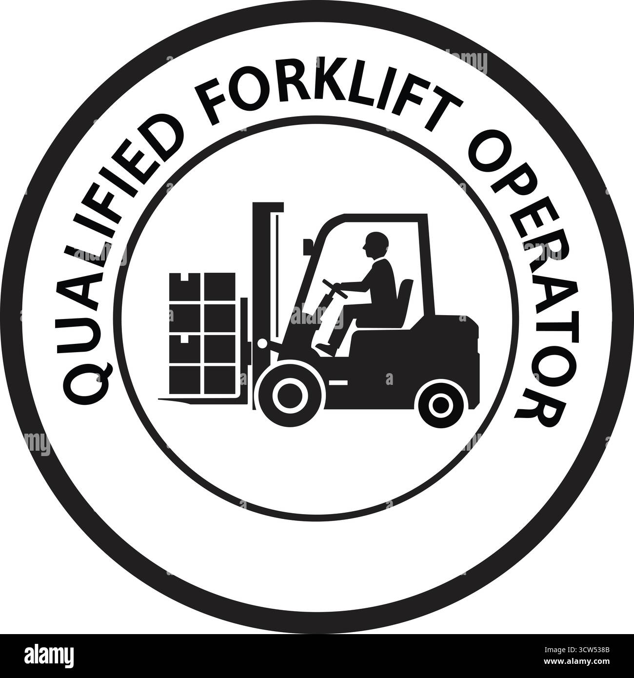 Questo badge professionale è dotato di un carrello elevatore e di un operatore, che mette in evidenza la certificazione di un operatore qualificato. Il design include t trasparente Illustrazione Vettoriale