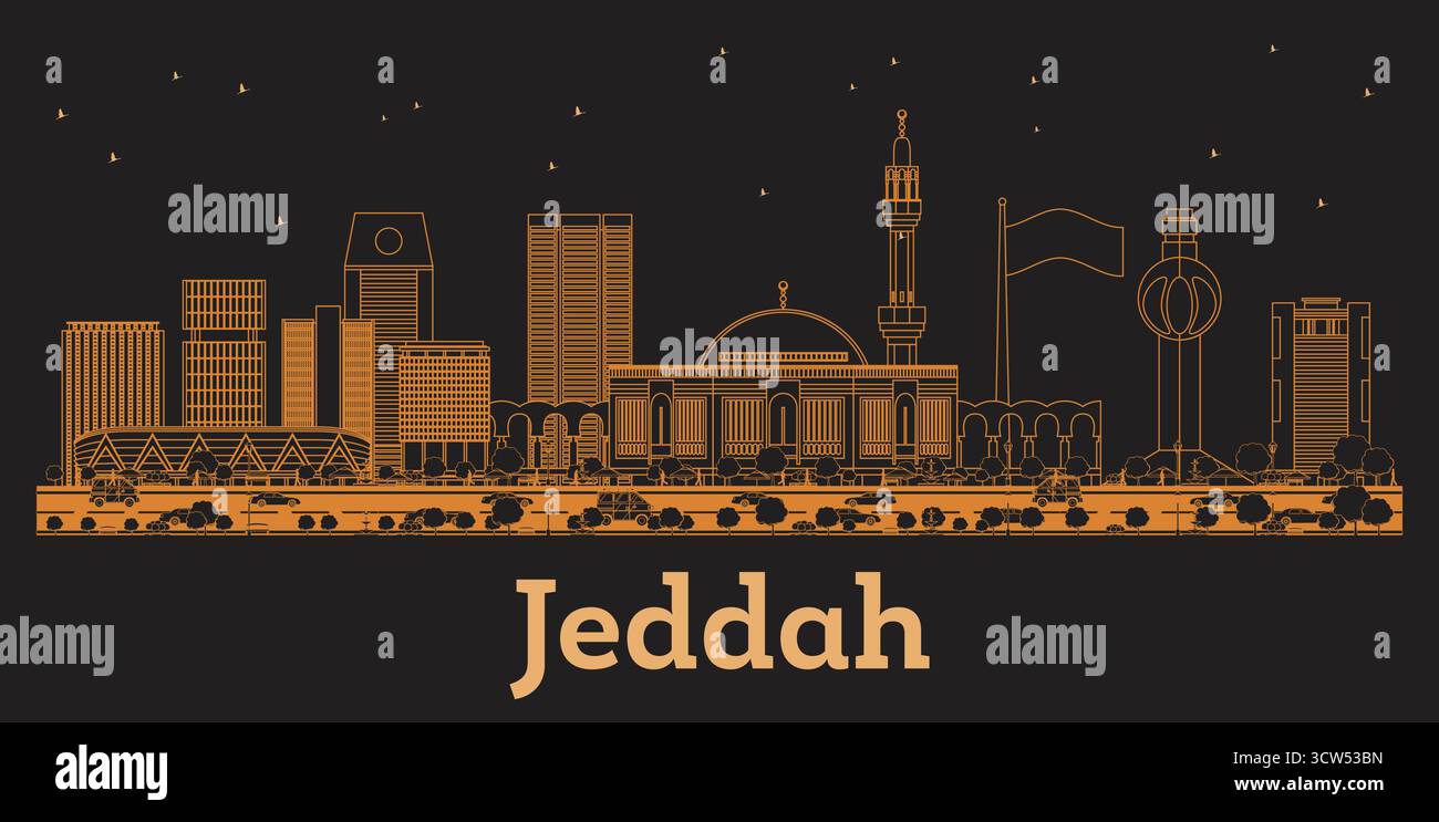 Delinea lo skyline della città di Jeddah in Arabia Saudita con edifici arancioni. Illustrazione vettoriale. Concetto di viaggio d'affari e turismo con architettura storica. Illustrazione Vettoriale