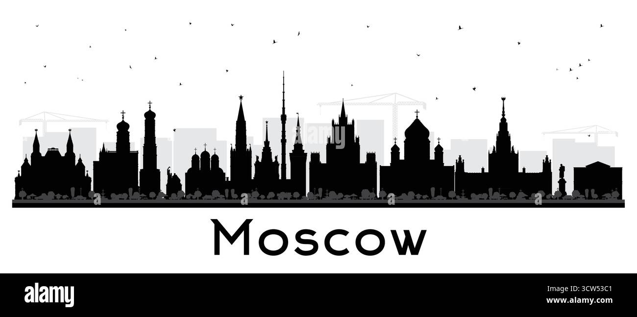 Skyline della città di Mosca in Russia con edifici neri isolati sul bianco. Illustrazione vettoriale. Il paesaggio urbano di Mosca con i suoi monumenti storici. Illustrazione Vettoriale