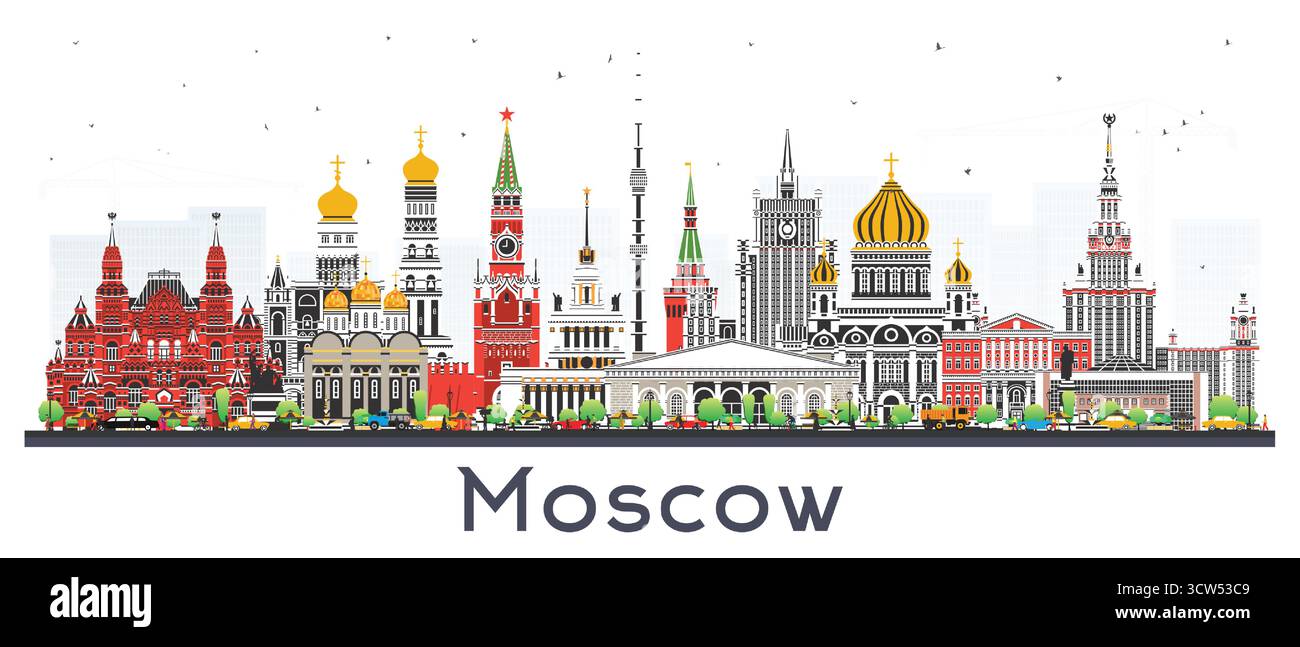 Skyline della città di Mosca in Russia con edifici colorati isolati sul bianco. Illustrazione vettoriale. Il paesaggio urbano di Mosca con i suoi monumenti storici. Illustrazione Vettoriale