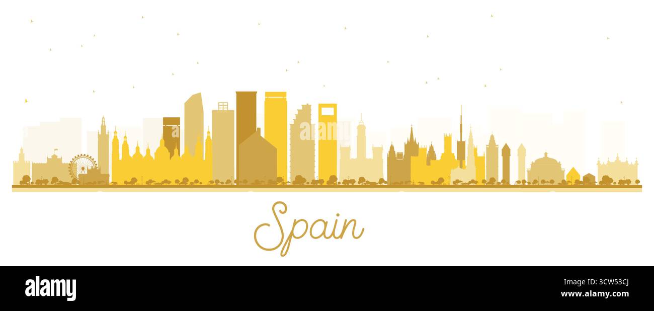 Silhouette dello skyline della città di Spagna con edifici dorati isolati sul bianco. Illustrazione vettoriale. Architettura moderna e storica. Paesaggio urbano della Spagna. Illustrazione Vettoriale