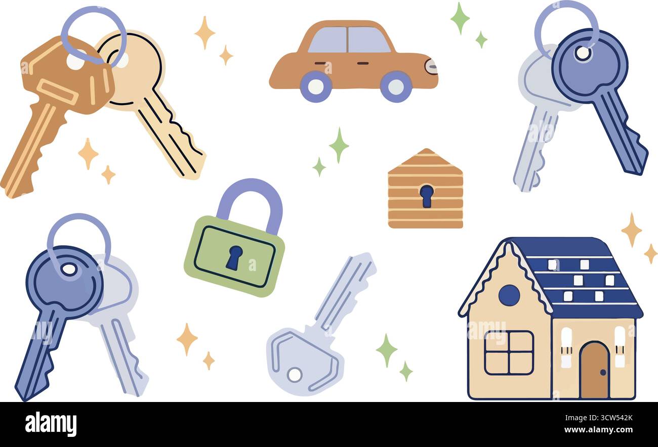 Chiavi per i tuoi sogni: Sbloccare una nuova casa, un'auto e un futuro con simboli di sicurezza e sicurezza in una combinazione di colori brillanti. Illustrazione Vettoriale