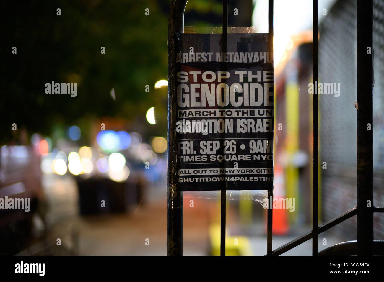 Un manifesto per una protesta pro Palestina del 26 settembre 2025 a New York, quando Netanyahu è pronto a parlare alle Nazioni Unite. Foto Stock