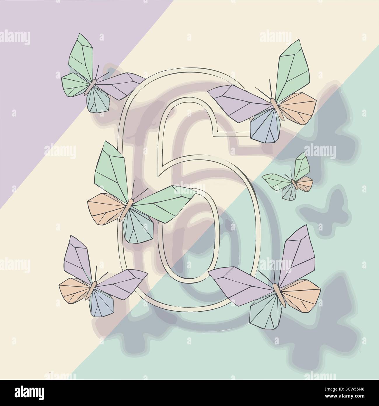 Numero sei con farfalle illustrazione minima Illustrazione Vettoriale