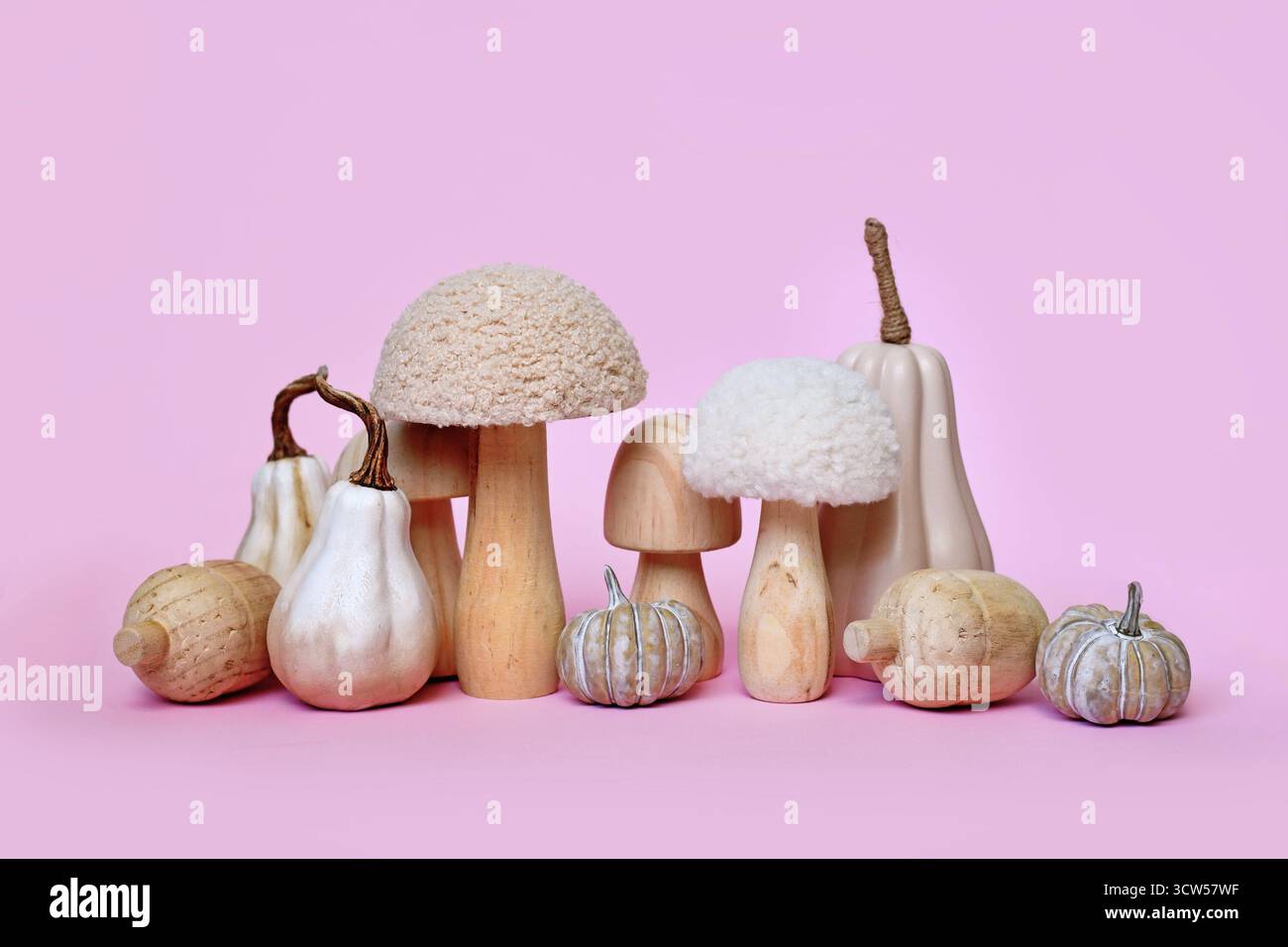 Ornamenti decorativi di zucca e funghi su sfondo rosa Foto Stock
