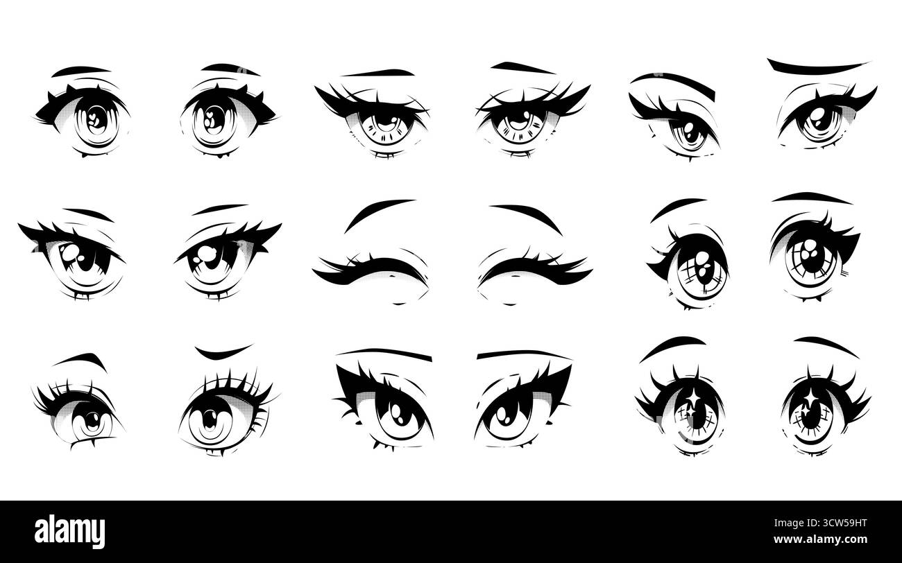 Set di espressioni facciali Kawaii con stile anime - collezione di occhi femminili con varie emozioni, stili di frusta diversi, design dell'Iris e sopracciglia per la creazione di personaggi manga. Illustrazioni con inchiostro nero. Illustrazione Vettoriale