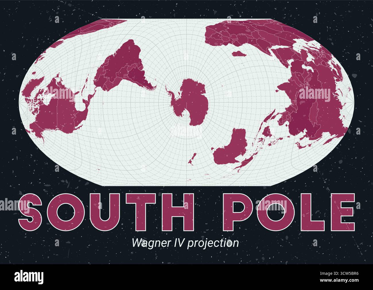 Polo Sud. Mappa del mondo. Proiezione di Wagner IV centrata sul Polo Sud. Pallido Mint Dark Pink (Rosa scuro). Texture vintage. Illustrazione vettoriale classica. Illustrazione Vettoriale