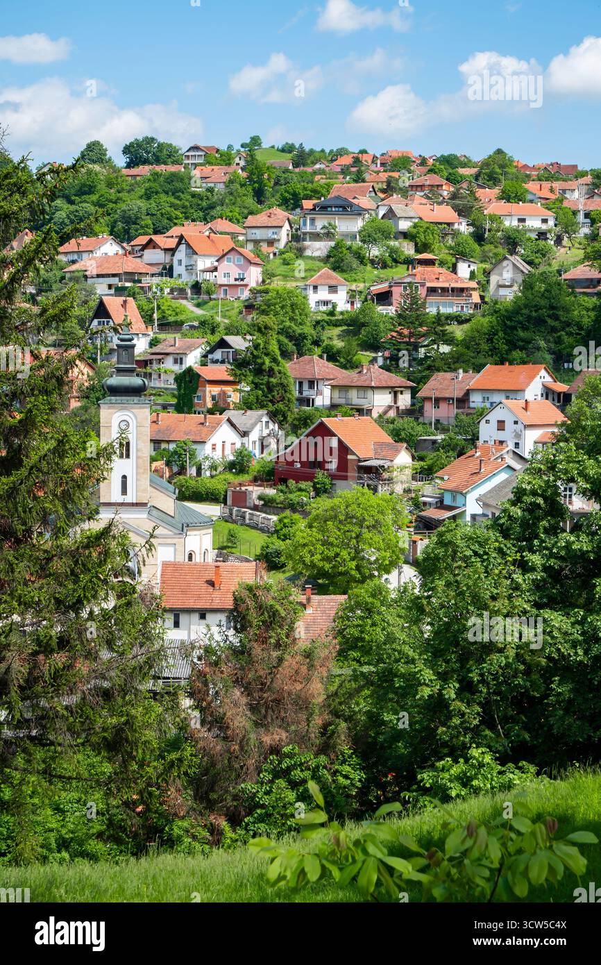 Una vista panoramica di Donji Milanovac, Serbia, che mostra una collina piena di case, alberi verdi e cieli blu. Foto Stock