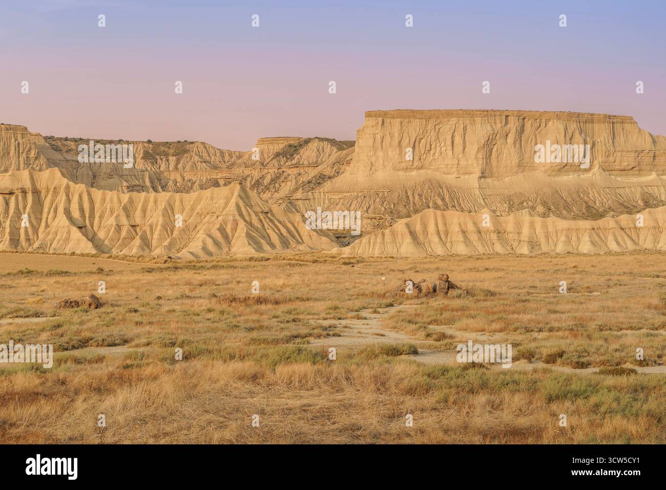 Vista panoramica del deserto di Bardenas Reales con scogliere erose di argilla e strada sterrata al tramonto. Arido paesaggio semi-desertico a Navarra, Spagna. Ideale per i viaggi. Foto Stock