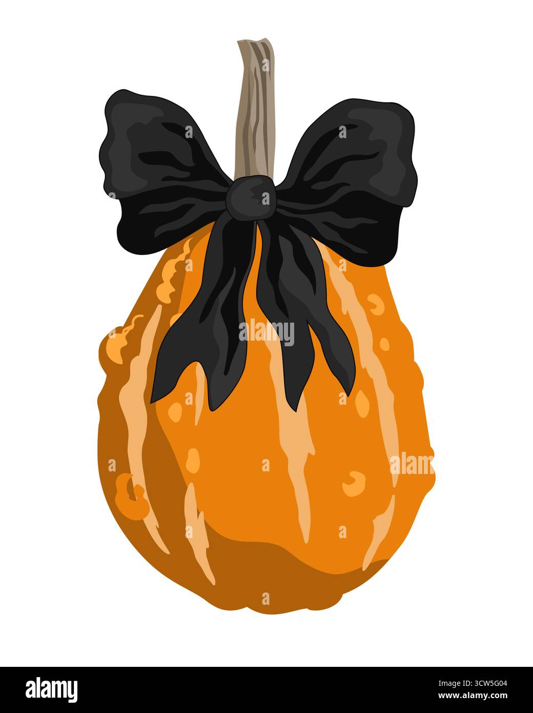 Affascinante zucca autunnale con fiocco nero legato. Elemento decorativo di Halloween. Illustrazione isolata vettoriale Illustrazione Vettoriale
