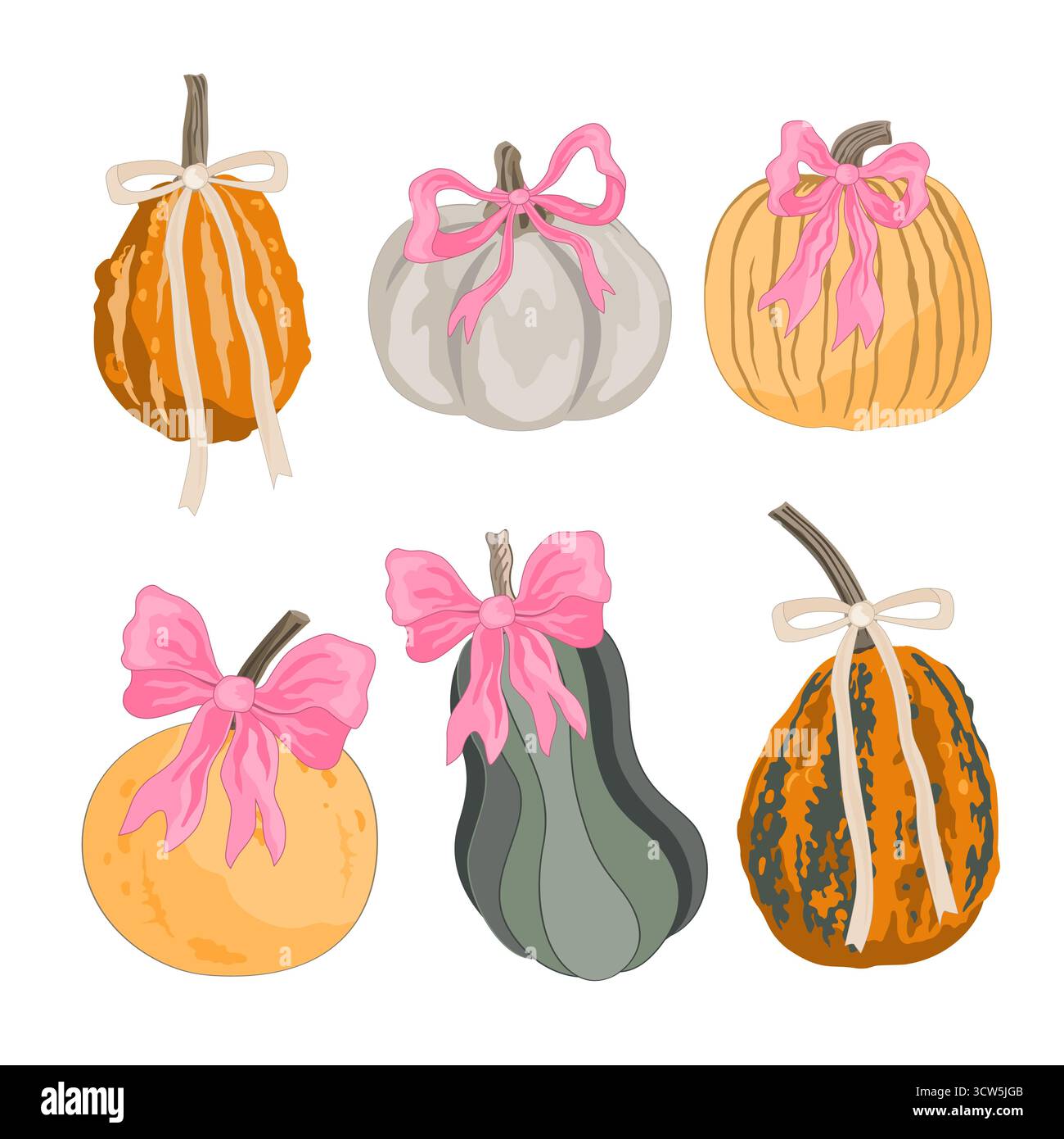 Set di affascinanti zucche autunnali con archi legati. Il concetto di decorazione per il Ringraziamento d'autunno o di Halloween. Illustrazione isolata vettoriale Illustrazione Vettoriale