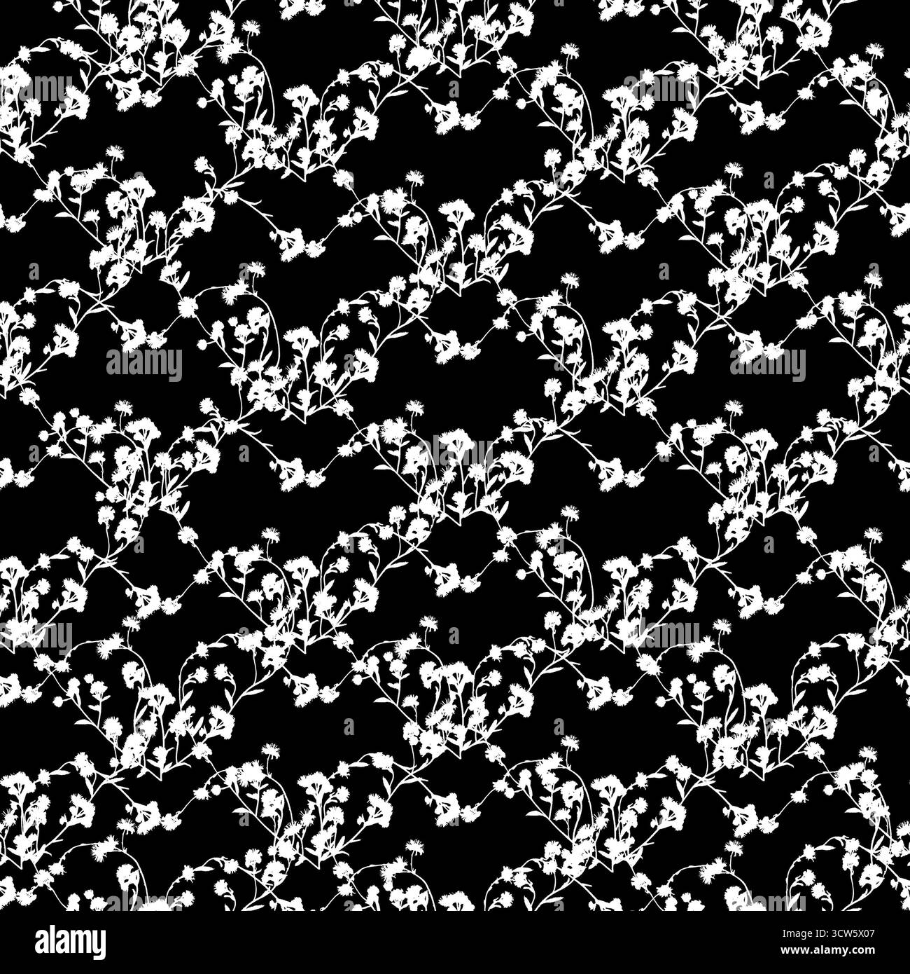 Silhouette bianca di fiori cuori su sfondo nero motivo senza cuciture Foto Stock